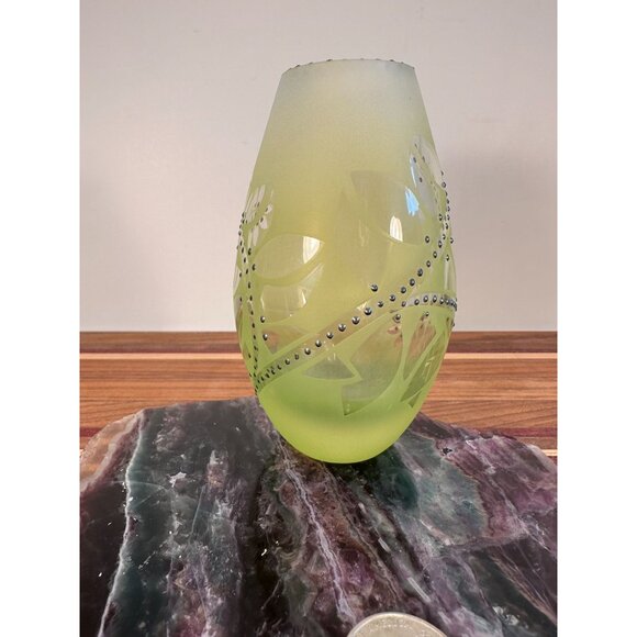 Handcrafted Frosted Green Glass Vase With Silver Accents & Intricate Leaf Design - Picture 3 of 10